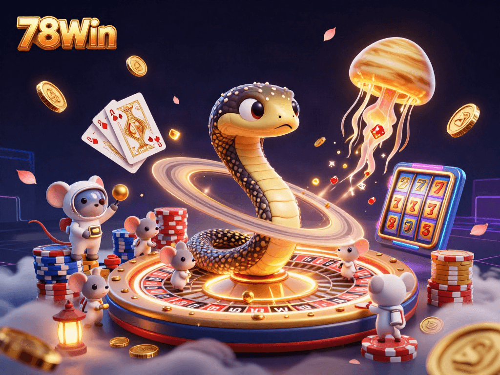 Experience the thrill of betting with the 78Win cosmic dealer in this vibrant casino scene.