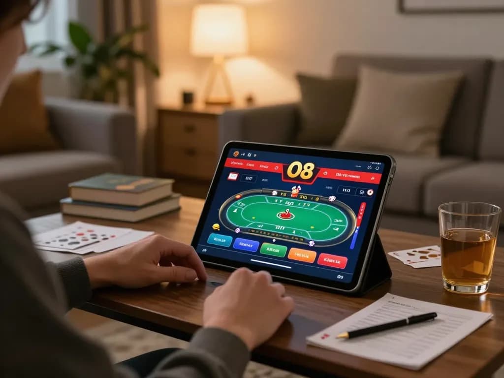 O8 online gaming experience with player engaged in poker strategy on tablet