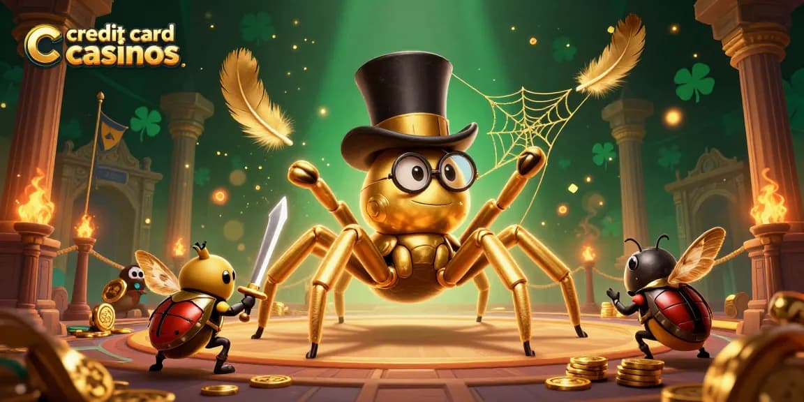 Engage in thrilling action at credit card casinos with exciting visuals of a golden tarantula, beetle knight, and moth spectators.