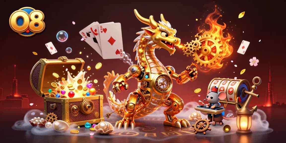 Engage with O8's thrilling 3D illustration featuring an intricate dragon and exhilarating casino elements.