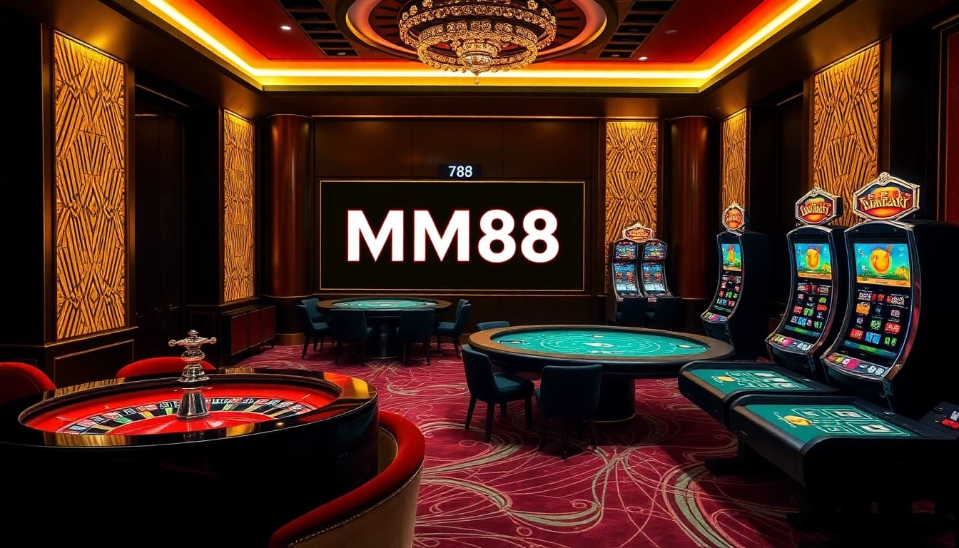 Players engage with MM88's vibrant online casino, featuring roulette, poker tables, and dynamic slot machines.