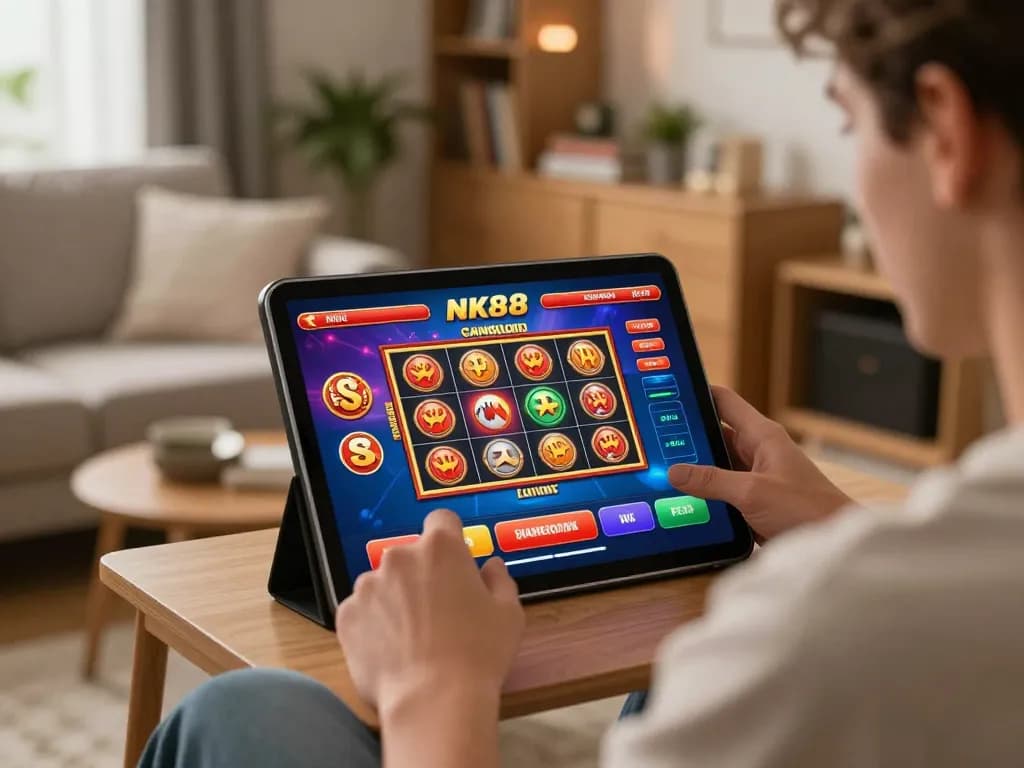 Player engaging with the NK88 online casino app on a tablet in a cozy living room setting.