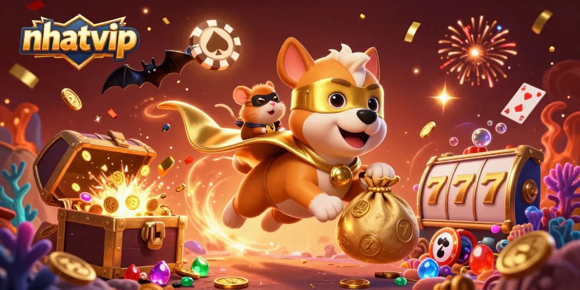 Experience the excitement of nhatvip as a superhero dog flies through a vibrant casino world filled with treasures.