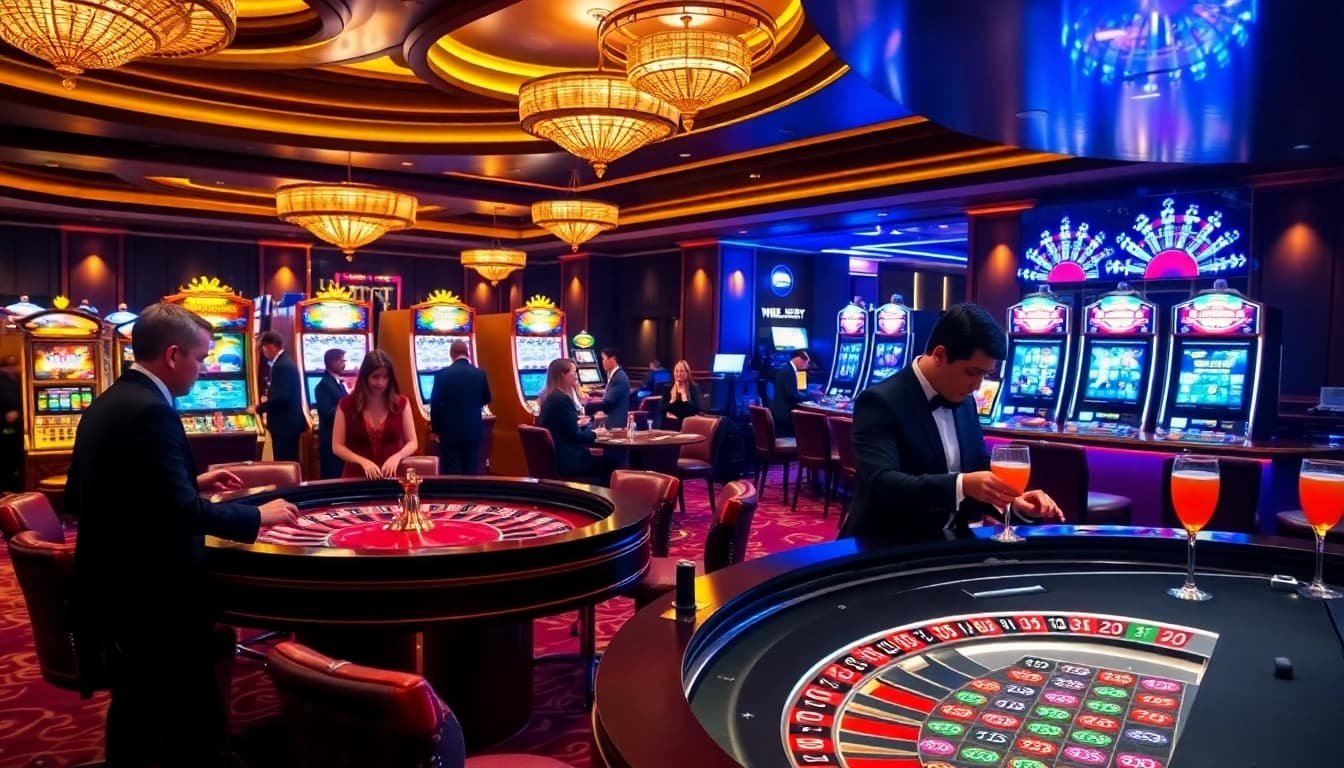 SHBET có uy tín không in a luxurious casino setting with roulette and enthusiastic players.