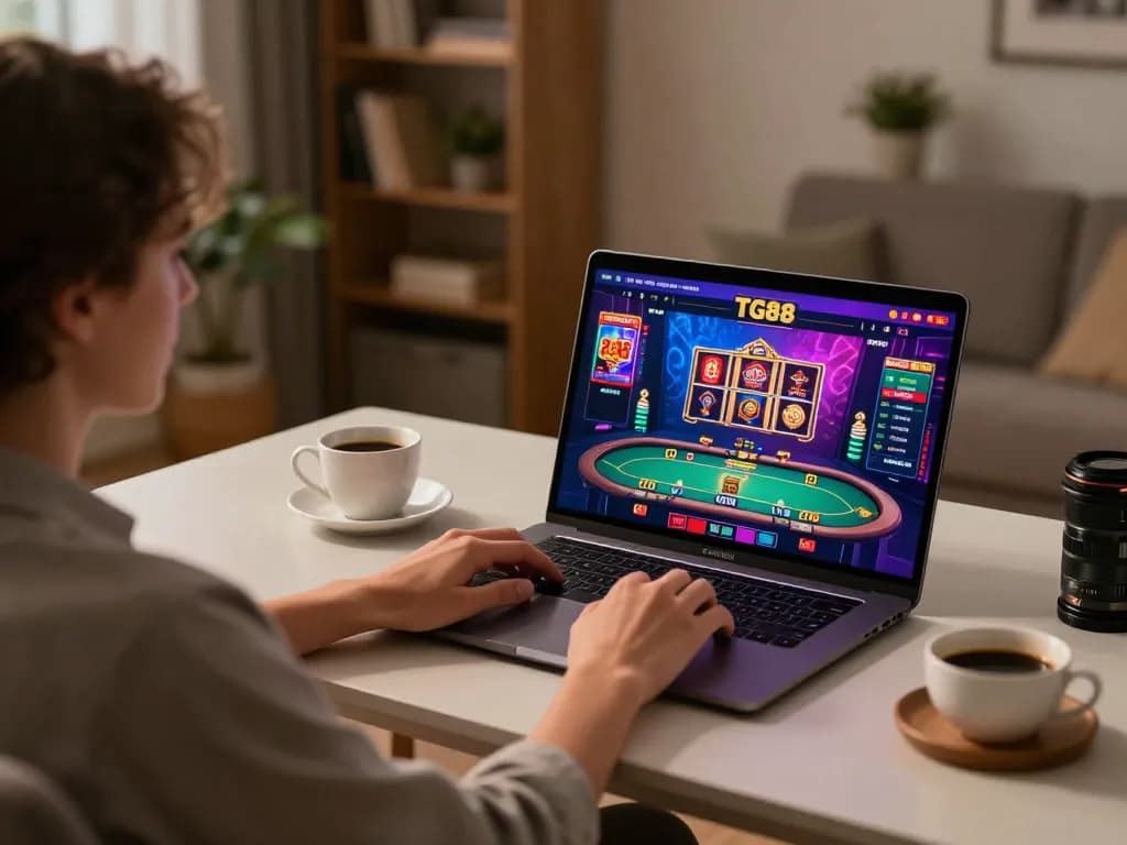 Player enjoying TG88's online casino features in a cozy home environment, showcasing responsible gaming.