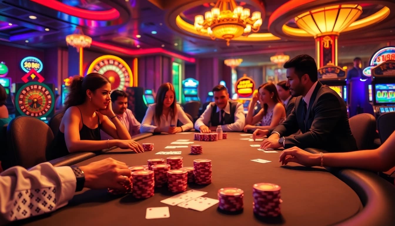 Go88 players enjoying an exciting high-stakes poker game with vibrant casino elements.