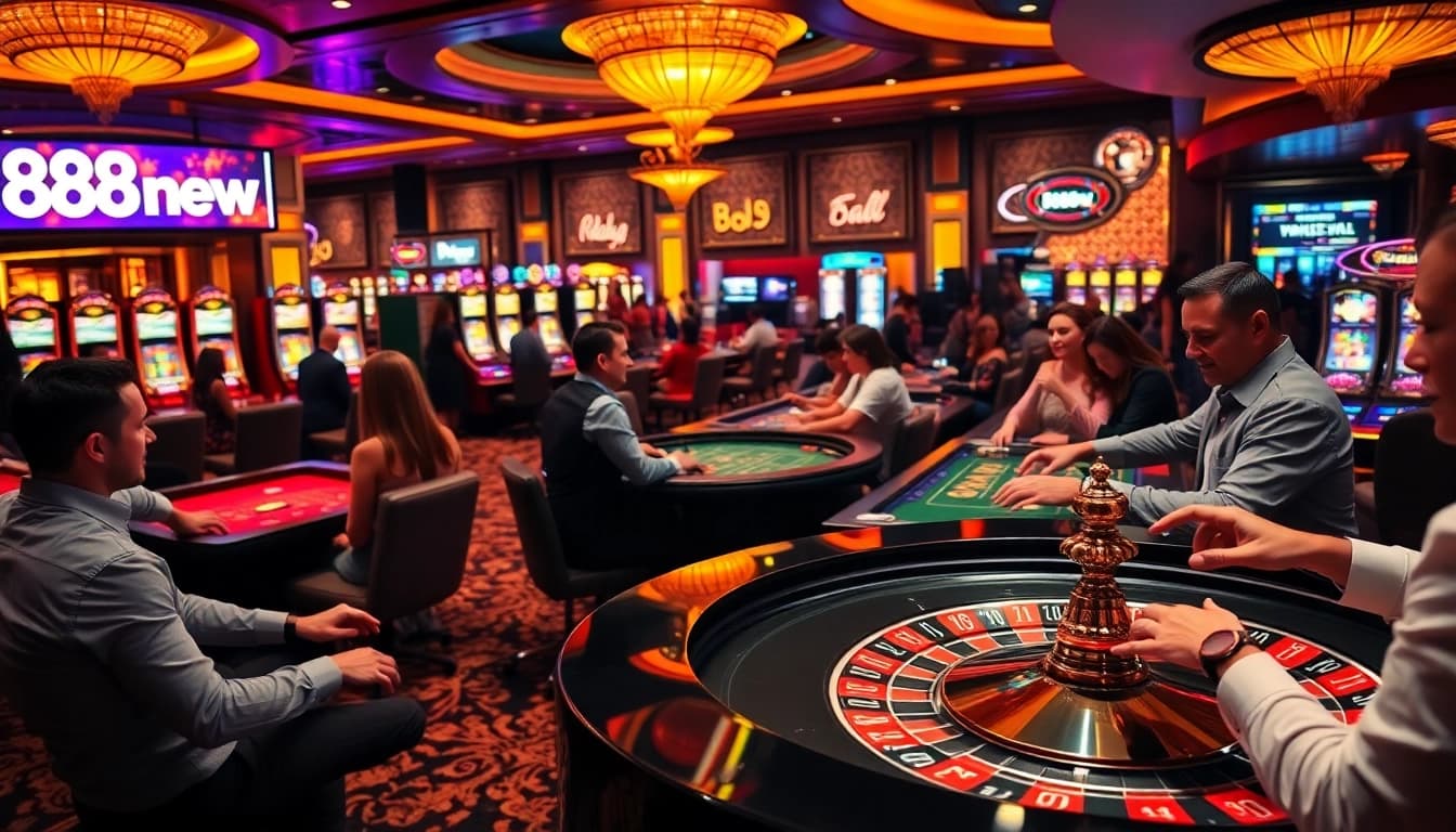 Experience the thrill of 888new as players engage at vibrant casino tables with roulette and slot machines.