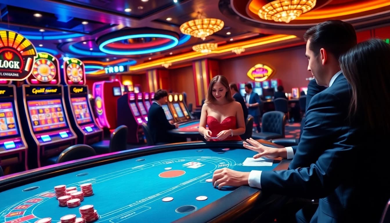 TR88 players enjoying an engaging online casino experience with vibrant slot machines and poker tables.