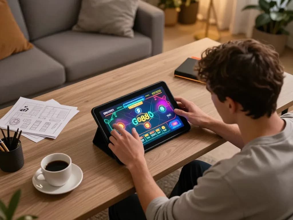 Go88 player engaged in online casino gaming on a tablet with colorful graphics and strategy notes.