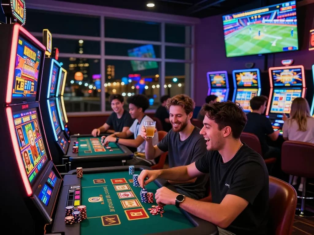 Exciting F168 online gaming atmosphere with players celebrating wins at a vibrant casino, showcasing slot machines and sports bets.