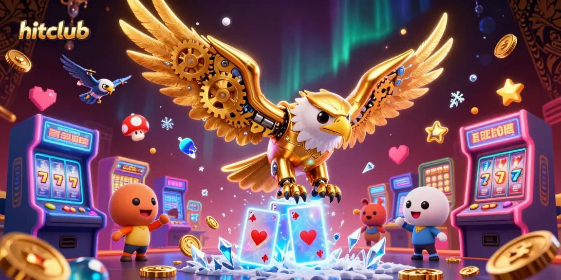 Engage with hitclub through a vibrant 3D casino scene featuring an eagle and holographic cards.