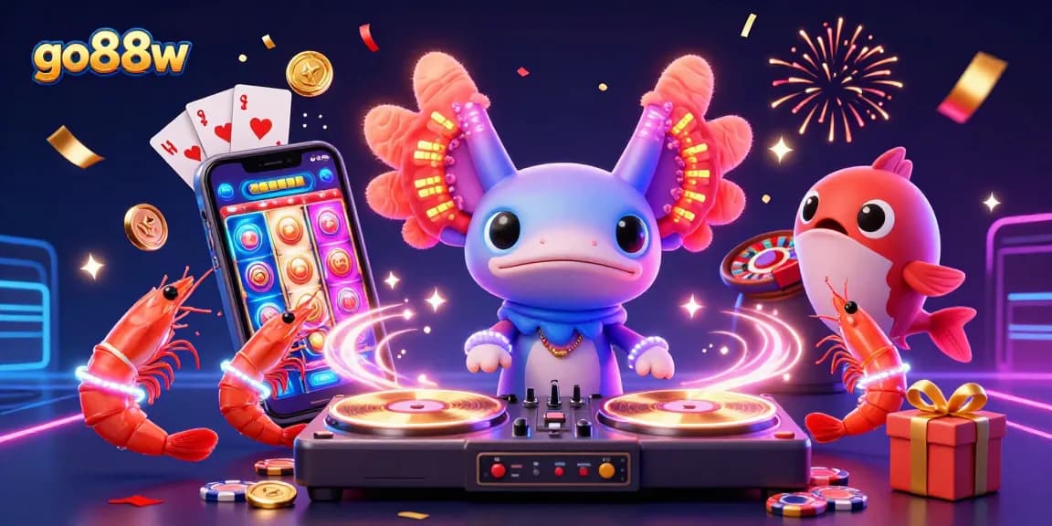 Join the vibrant gaming scene with go88w, featuring neon axolotl DJ, vibrant slots, and festive elements.