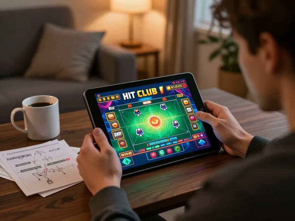 Player exploring game options on HIT CLUB app in a cozy living room setting, highlighting online gambling experience.