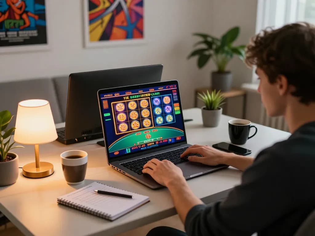 Player enjoying thrilling online casino gaming session with go8 on laptop, strategizing for better odds.