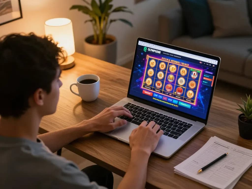Player engaging with OLYMPUS88 online slots on laptop, cozy home gaming setup.