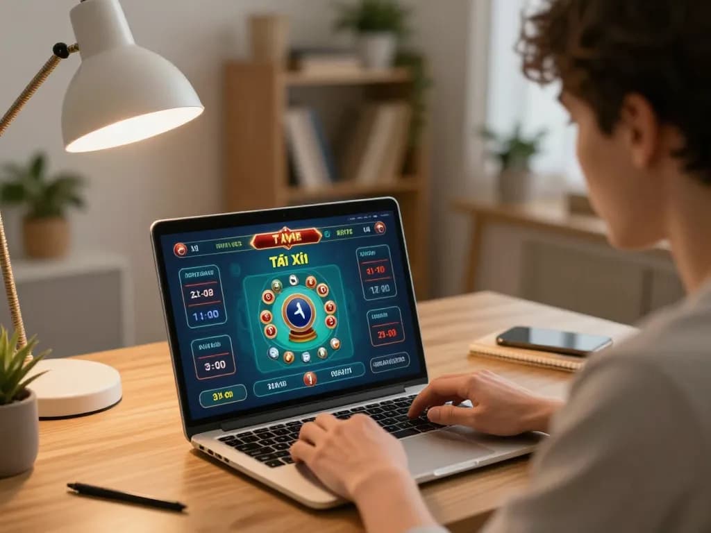Tải game tài xỉu on a laptop as player engages in online gambling strategies from home