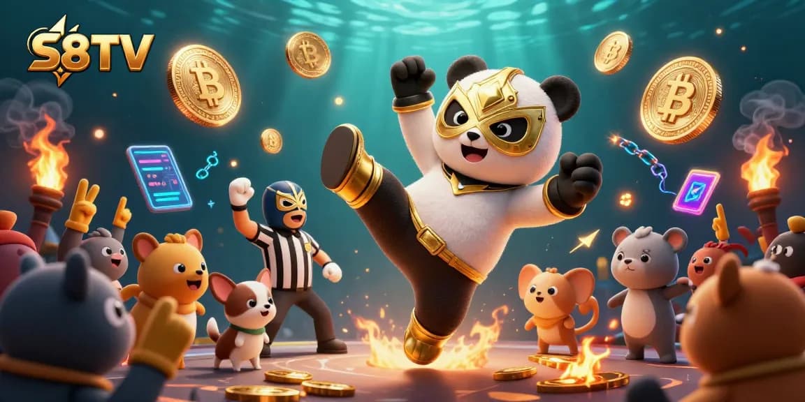S8TV showcases a dynamic online casino scene featuring a panda wrestler and crypto elements.