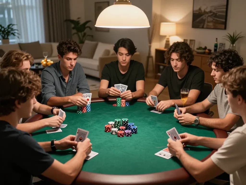 ko66 poker game in a cozy home setting, players strategizing over cards and chips