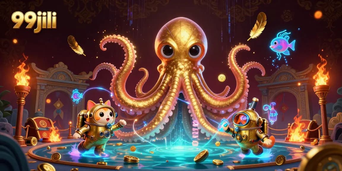 Bet on thrilling adventures with 99jili's immersive 3D kraken and diving cat illustration.
