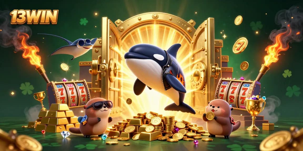Experience 13WIN excitement with fun characters jumping for jackpot wins in this vibrant casino scene.