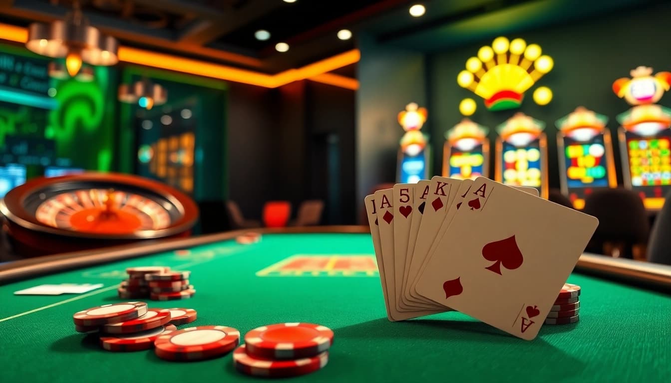 Experience thrilling poker action at KK55 casino, featuring elegant tables and vibrant colors.
