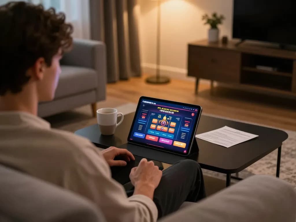 Engaging online gaming scene showcasing đăng nhập fun79 on a tablet, emphasizing comfortable home environment.