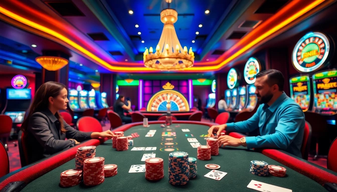 Exciting hit club poker game scene with chips, cards, and roulette.