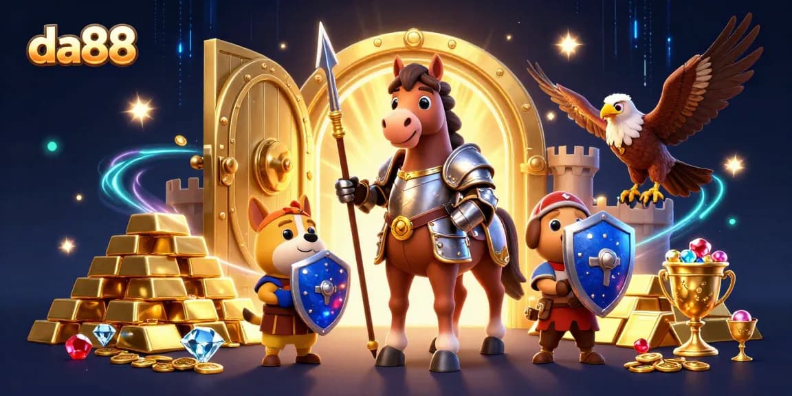 da88 features a captivating 3D scene of a knight, squire, and falcon amidst treasures, showcasing dynamic casino elements.