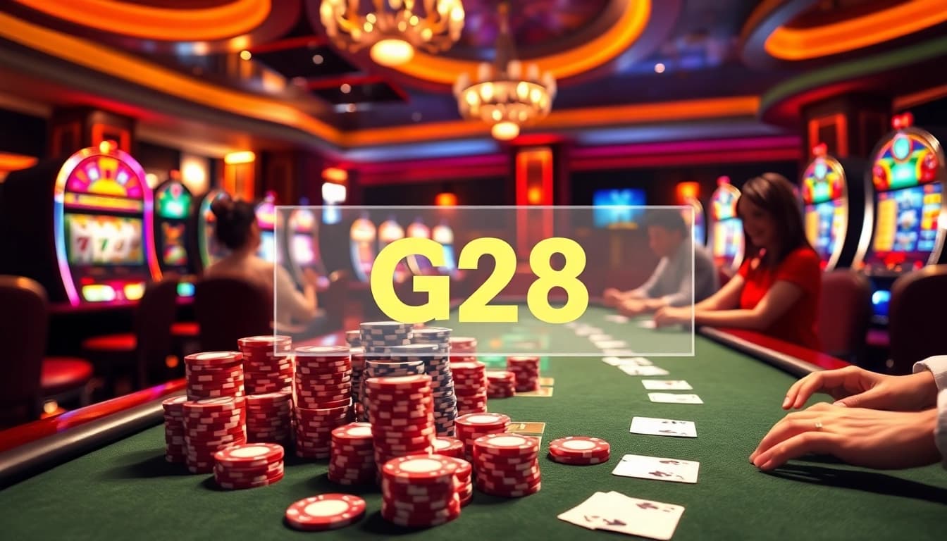 Experience the thrill of gambling at https://g28.tech/ with vibrant poker tables surrounded by excited players.
