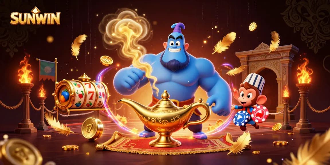 SUNWIN showcases a captivating genie and monkey on a magic carpet amidst dynamic casino elements.
