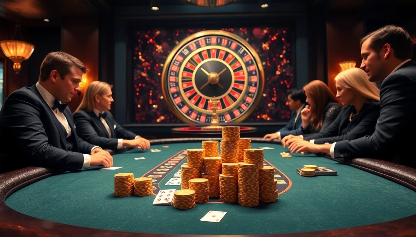 Players engage in a high-stakes game at the xx88 casino table, amid luxurious decor and vibrant lights.