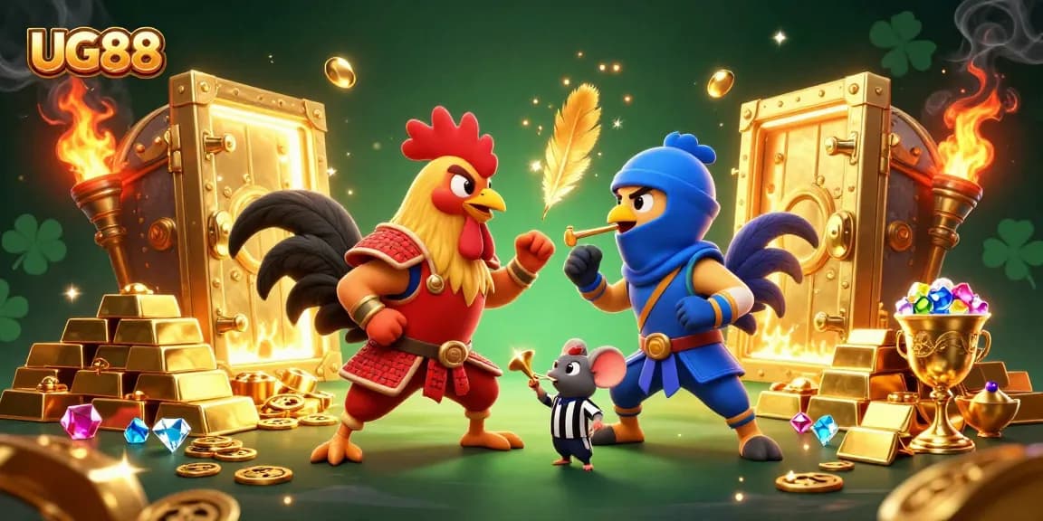 Immerse in the action as UG88's fierce cockfighting roosters show off their skills in a vibrant casino environment.