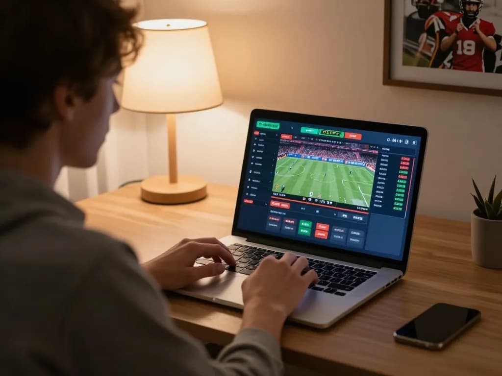 Person using tip88 for online sports betting on a laptop in a cozy home setting.