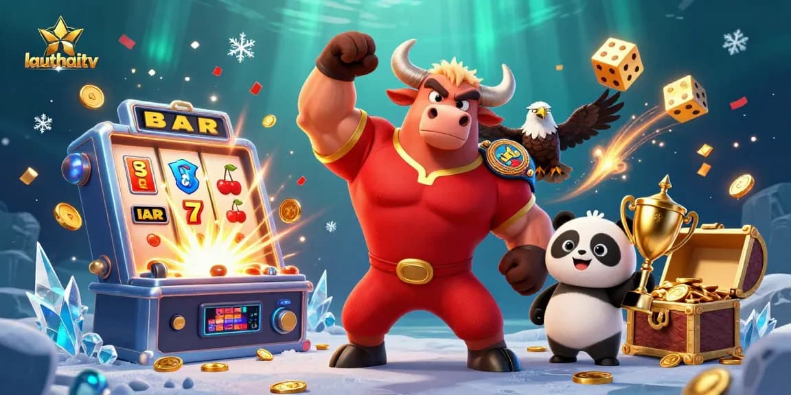 lauthaitv showcases an exciting 3D illustration of a victorious bull, eagle, and panda amidst a dynamic casino theme