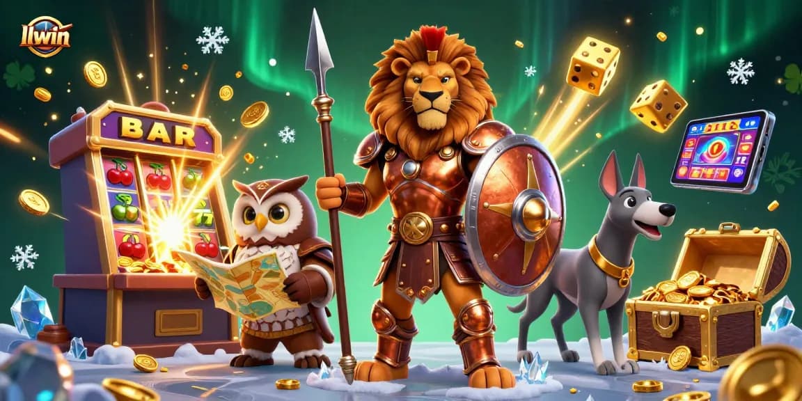 Jackpot frenzy at llwin casino with a Spartan lion, owl strategist, and greyhound messenger amid a vibrant gaming scene.