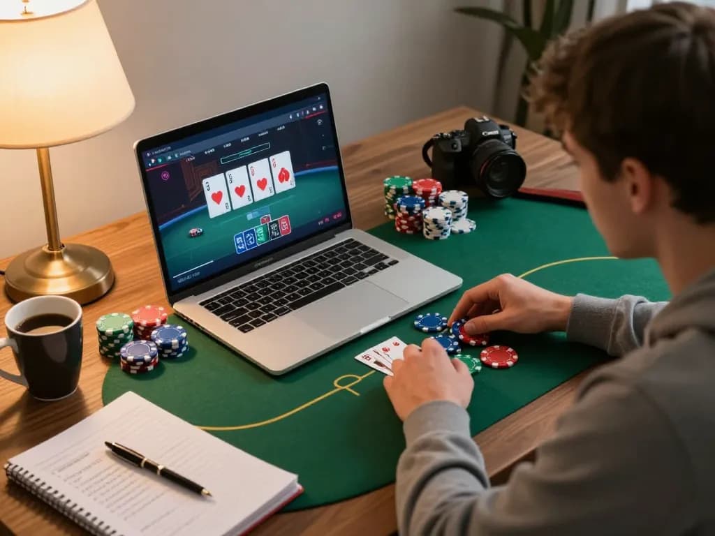 Player strategizing online poker on 98win with colorful chips and cards visible, capturing engaging gameplay.