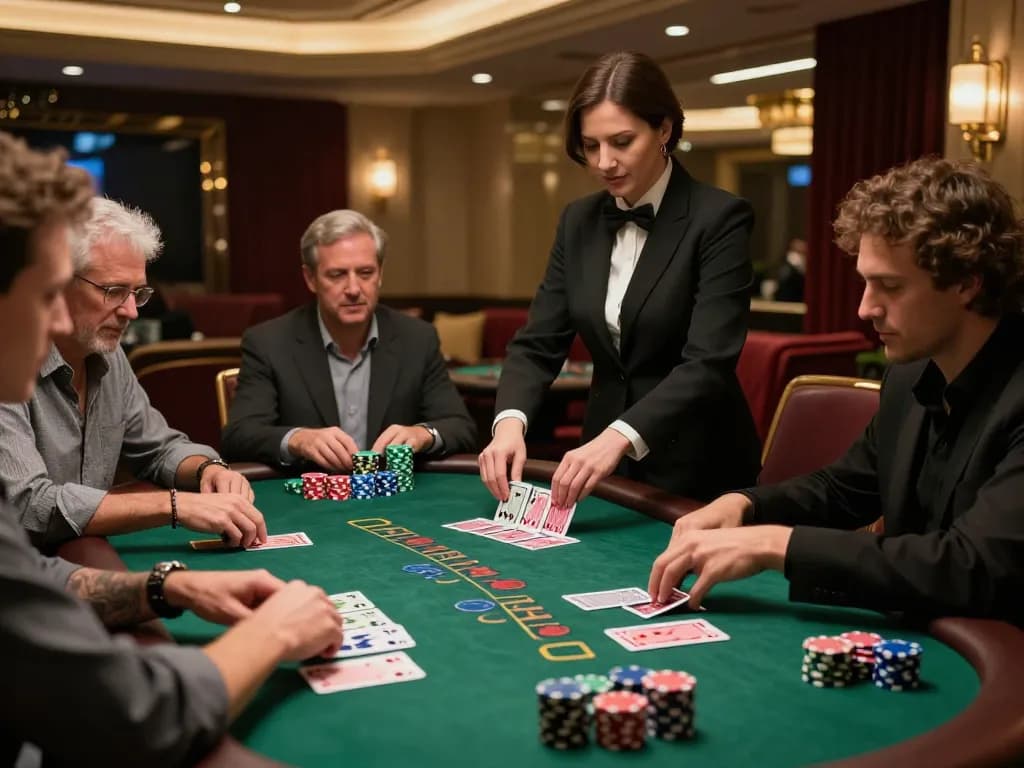 Players engaging in a blackjack game at 79kingt1 casino with a lively atmosphere and professional dealer