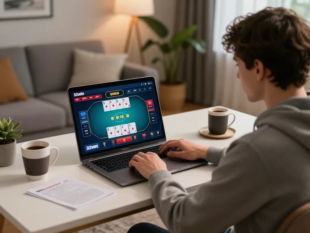Player engaging in a poker game on 32win while documenting betting strategies at home