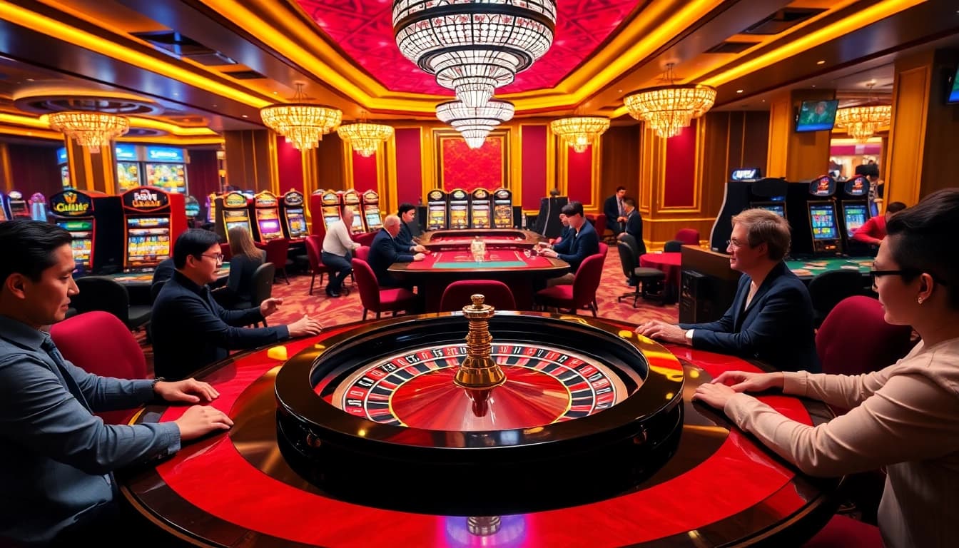 Players enjoying a thrilling game at SAOBET's luxurious casino area with roulette and slot machines.