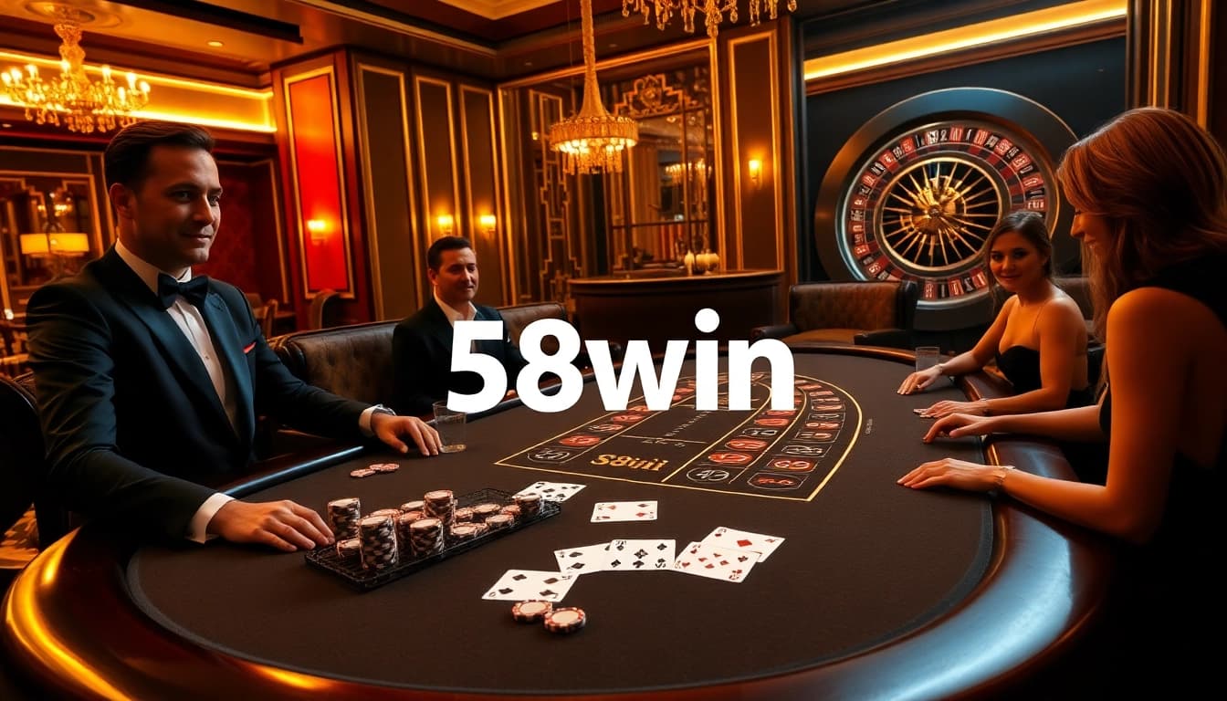 Experience the luxury of 58win vip with a high-stakes poker scene featuring elegant players and iconic casino elements.