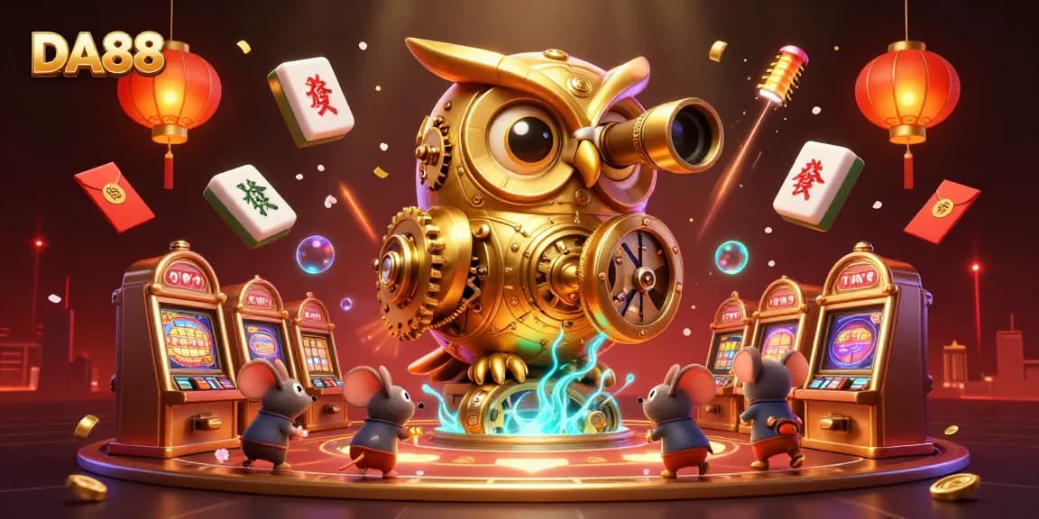 Experience thrilling gameplay with DA88 in a vibrant casino scene featuring golden owls and miniature mice.