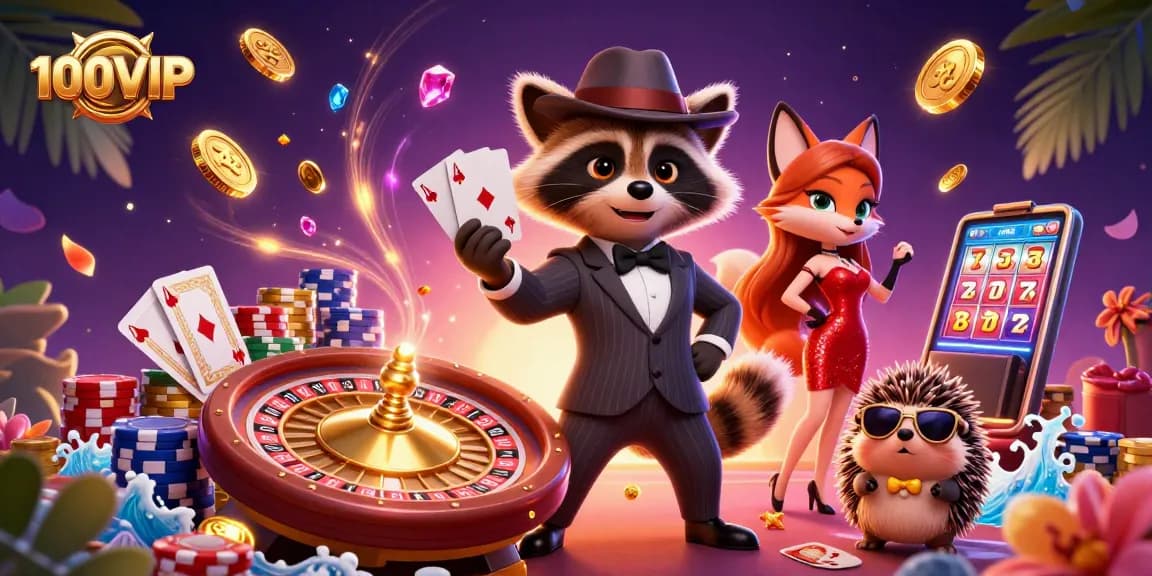 Experience the thrill at 100VIP with raccoon, fox, and hedgehog in a vibrant casino scene.