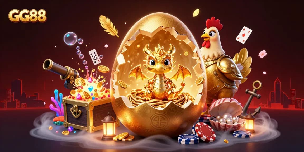 Join GG88 with a dazzling display of fortune, where a golden dragon guards poker chips amidst a colorful casino scene.