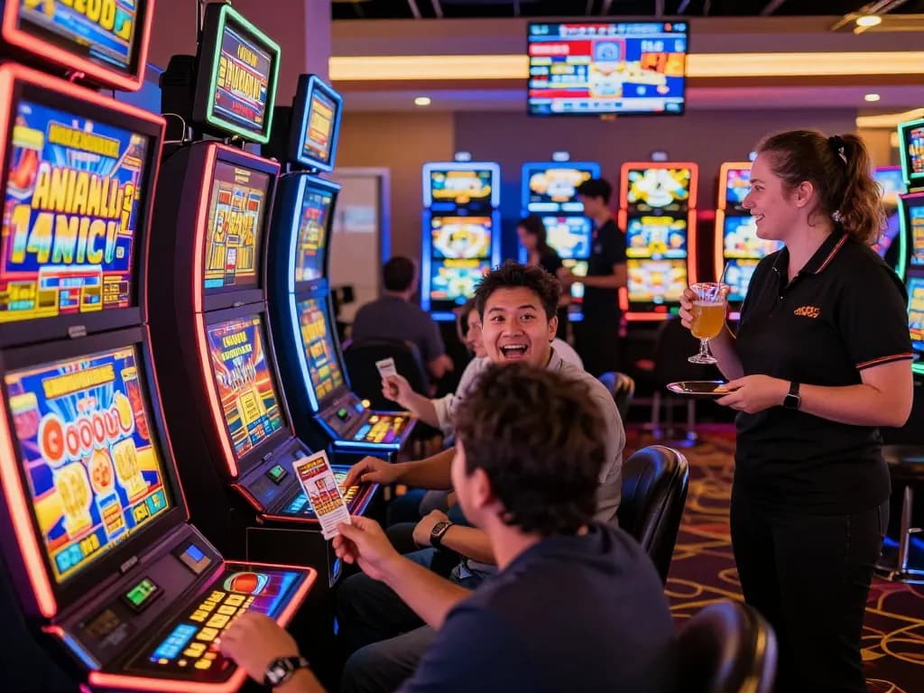Players engaging with colorful slot machines at 45X casino, celebrating wins in a lively atmosphere.