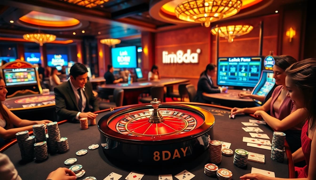 Excited gamblers at a roulette table, showcasing Link 8DAY's thrilling betting atmosphere.