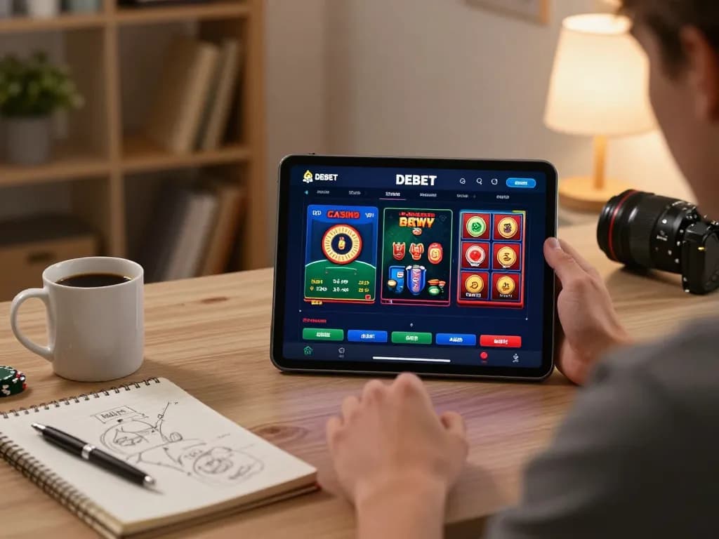 Player strategizing on the DEBET casino app in a cozy home setting, tablet displaying poker game.