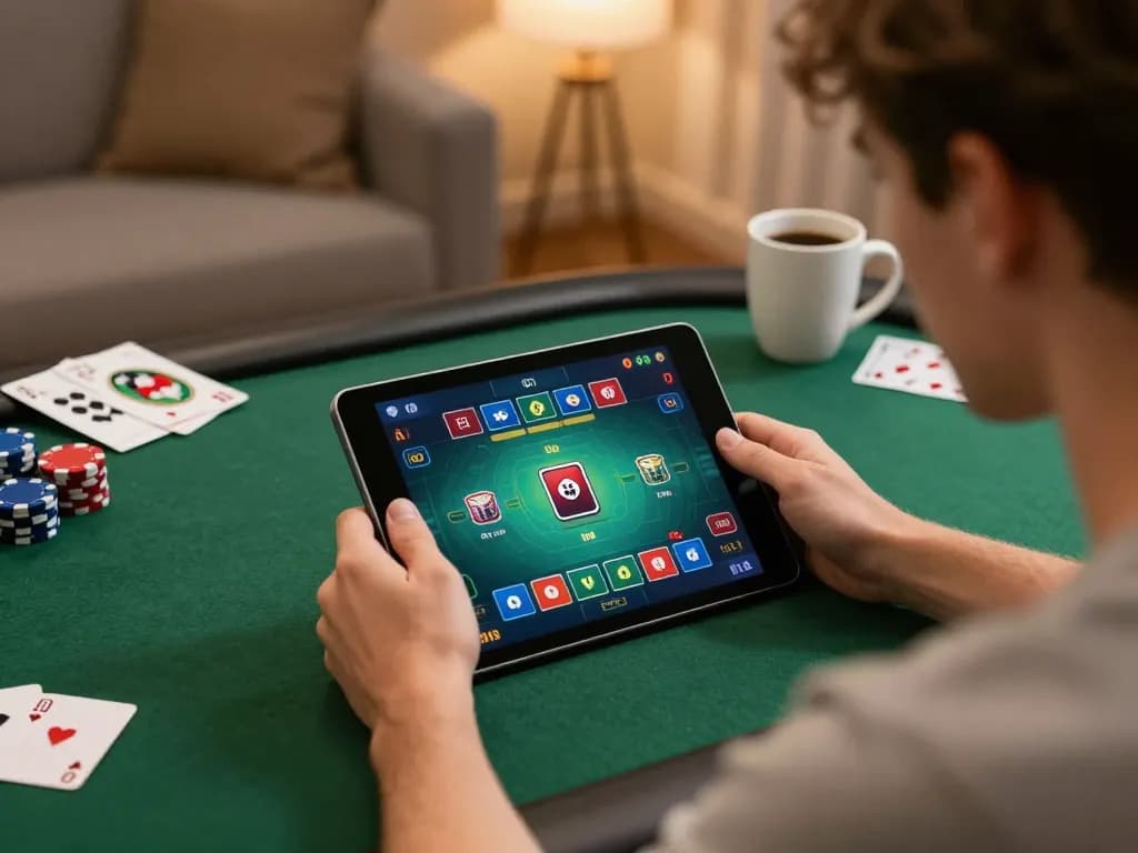 Engaging poker session at sin88, showcasing active gameplay on a tablet in a cozy home environment.