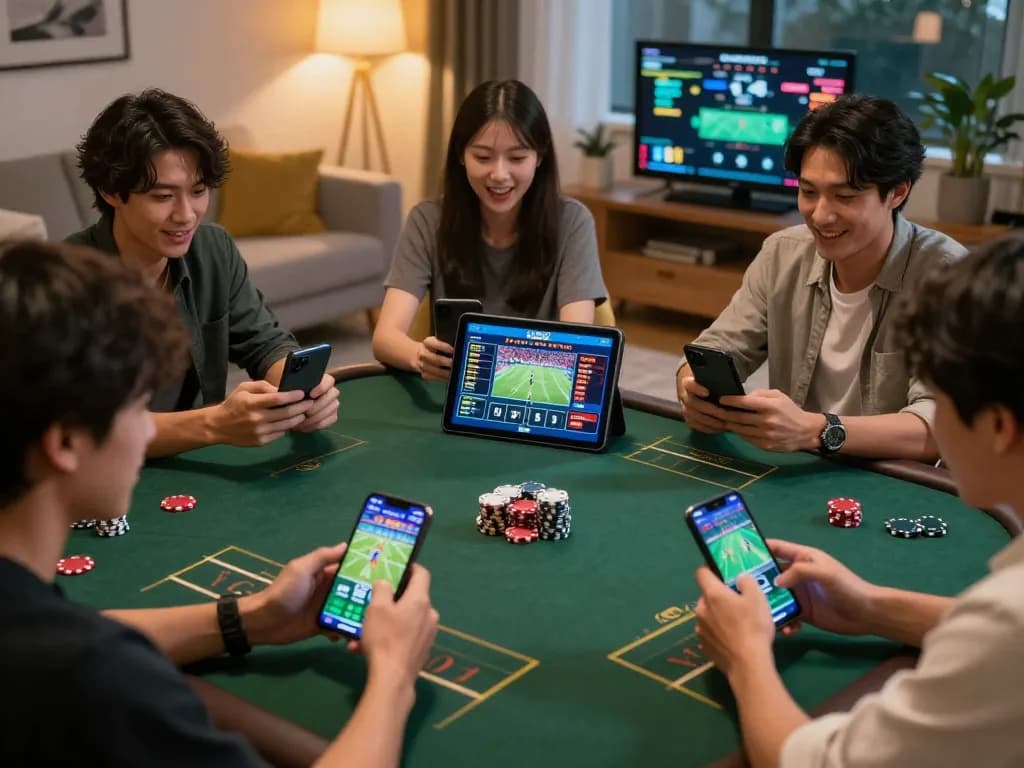 Engaged players using sv368 mobile app for sports betting in a cozy home setting
