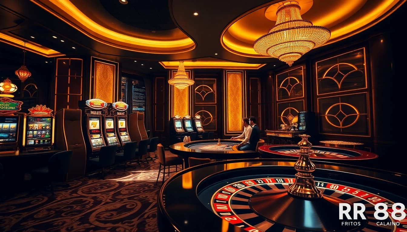 Exciting rr88 chính thức online gaming scene with polished casino tables, vibrant slot machines, and a luxurious atmosphere.