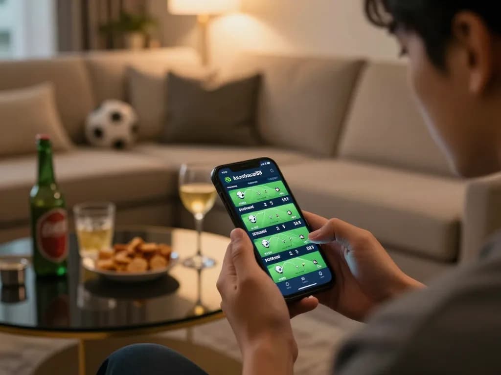 Engaged bettor analyzing odds on keonhacaii88 while enjoying a cozy home setup with drinks and sports memorabilia.